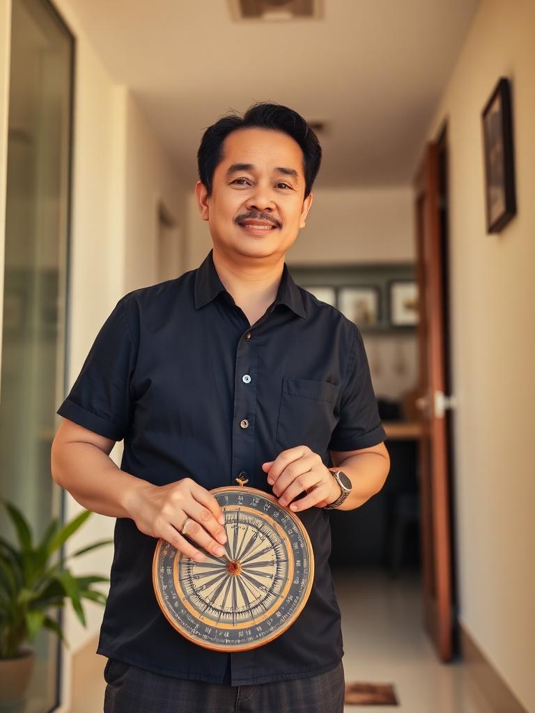 Thanapark holding a luopan compass at the entrance of a Singapore home
