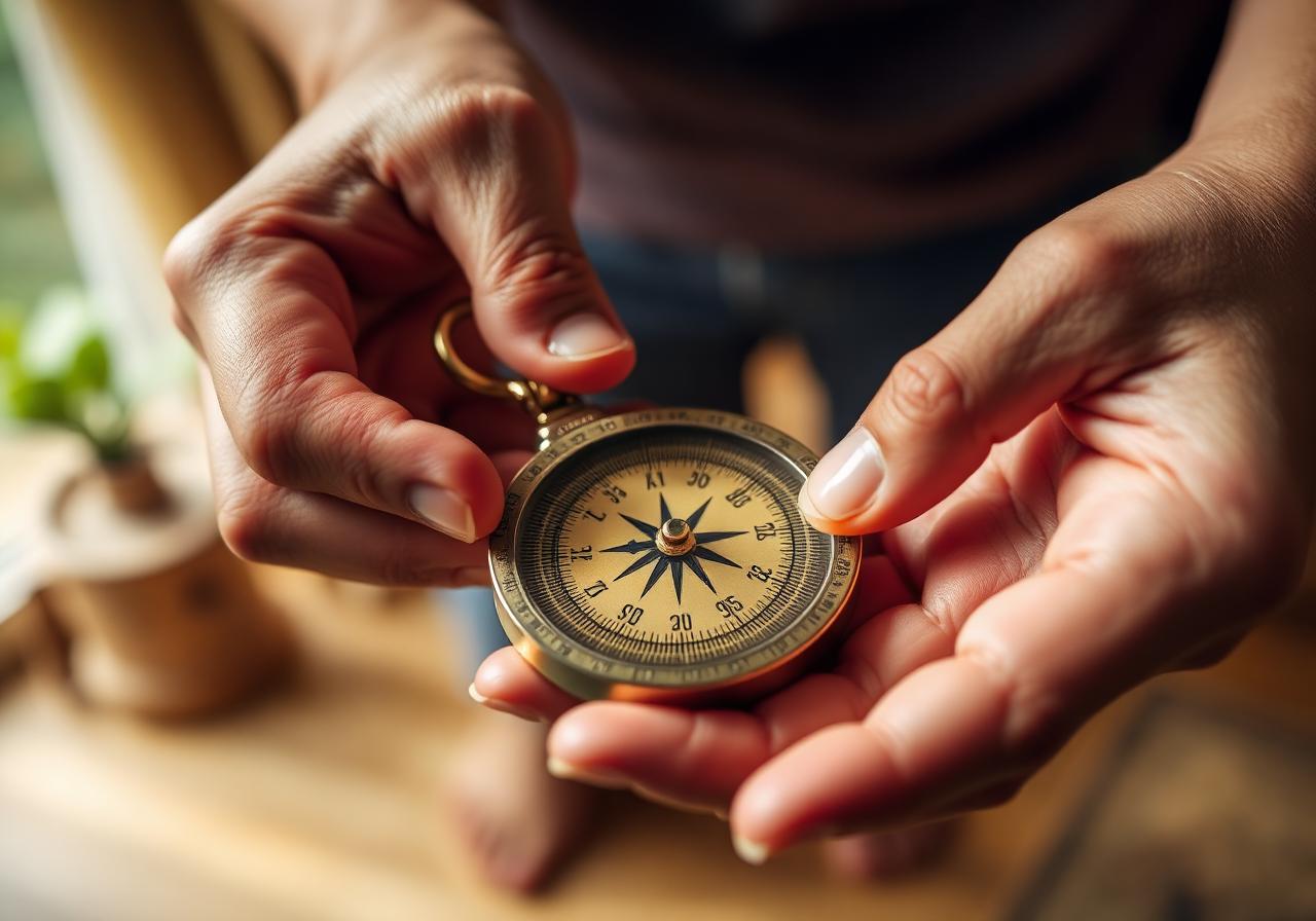 Close-up of a luopan Feng Shui compass being read