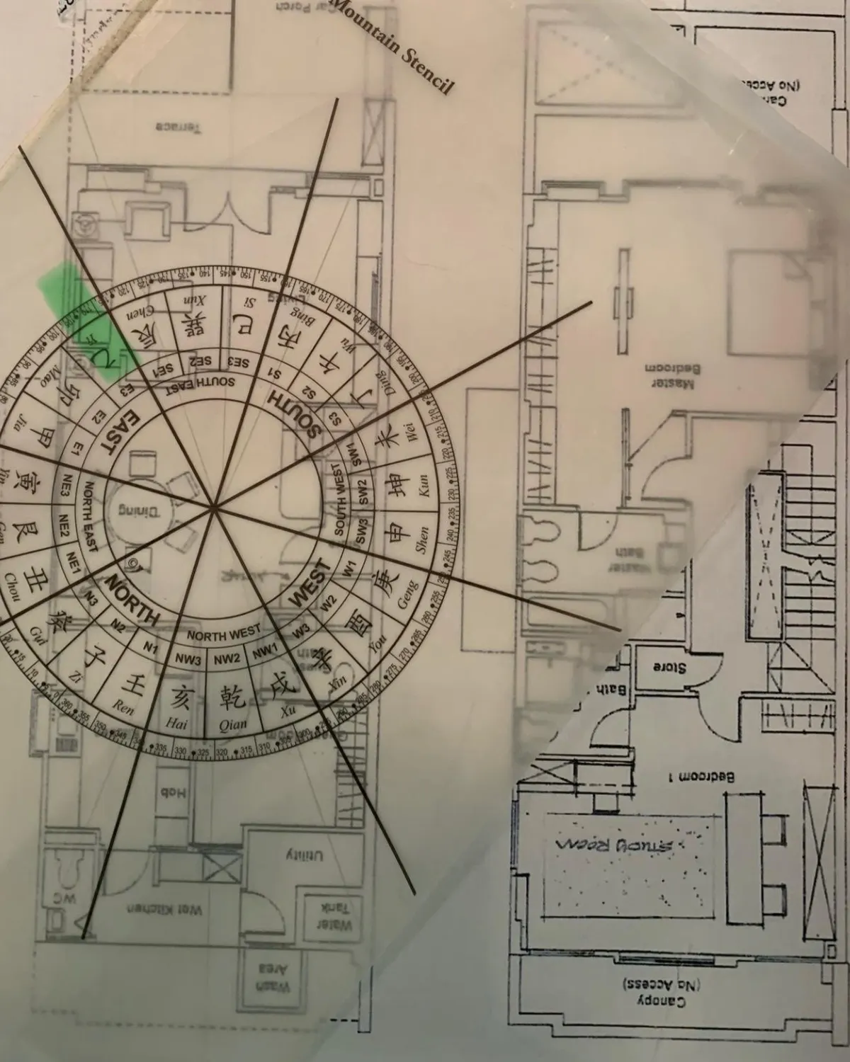 Luopan compass overlay on a Singapore condo floor plan, with sector lines drawn for analysis