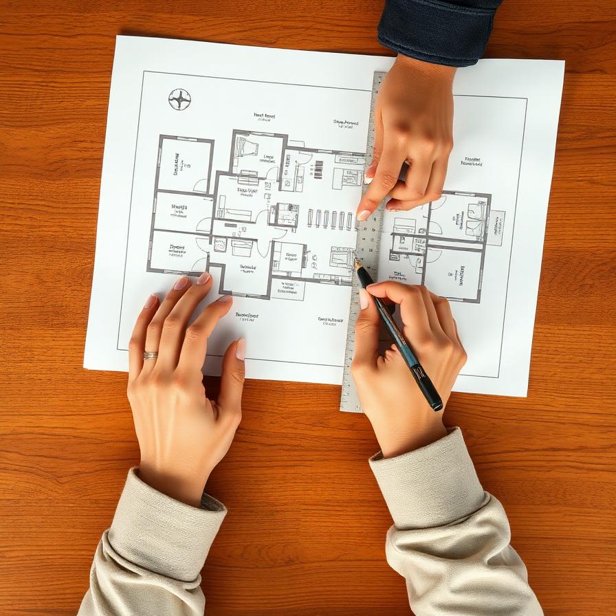 Hands marking up a printed floor plan with a pen and ruler